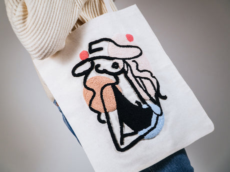 Embroidery Aesthetic Tote Bag, Boho Punch Needle Bag, Abstract Line Art, Summer Gift, Every Day Bag, Bookish Merch, Canvas Bag, Personalize - Arria Home