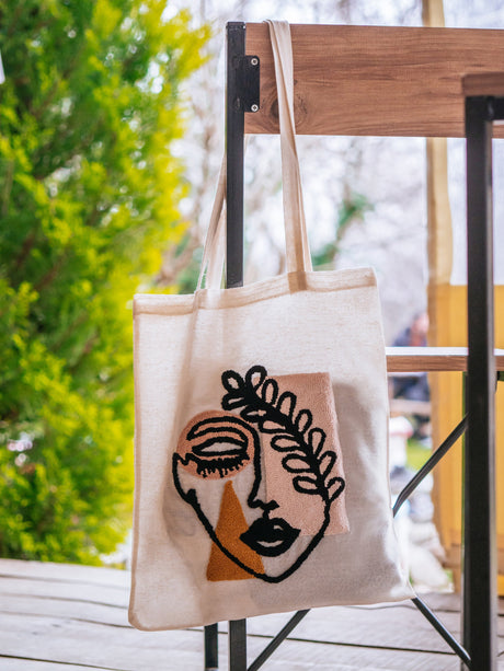 Embroidery Aesthetic Tote Bag, Boho Punch Needle Bag, Abstract Line Art, Summer Gift, Every Day Bag, Bookish Merch, Canvas Bag, Personalize - Arria Home