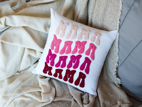 Personalized Mothers Day Handmade Pillow, Mom Gift Idea, Gift for Grandma, Custom Gift from Kids, Punch Needle Mama Pillow, Pink Pillow - Arria Home