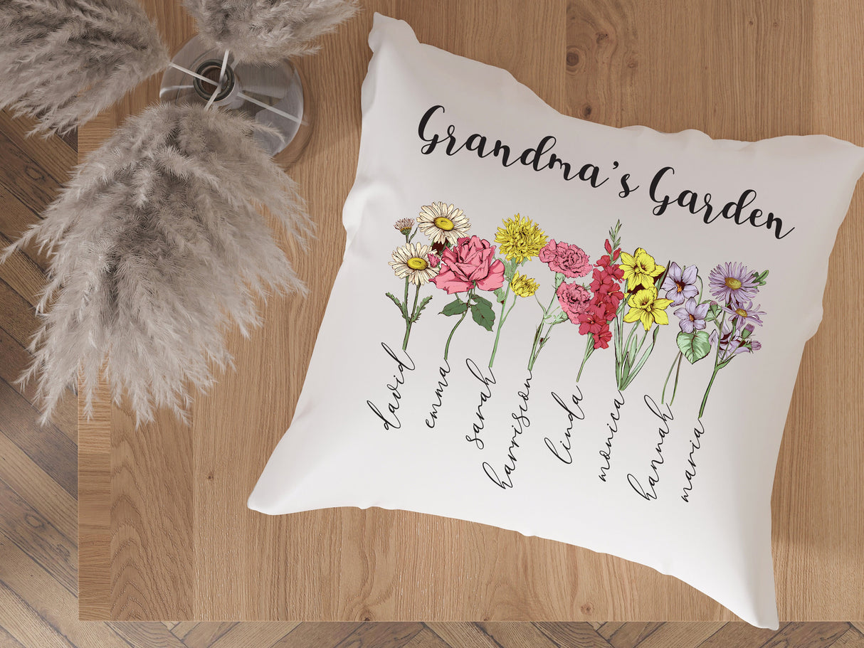 Grandma Mothers Day Gift Personalized Pillow, Grandma Garden Birth Month Flower Custom Lumbar Pillow, Grandkid Name Pillow, Nana Birthday - Arria Home