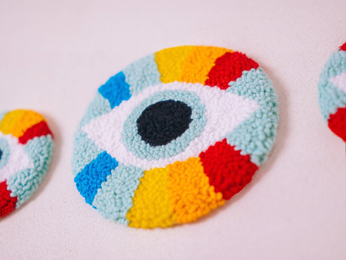 Evil Eye Embroidery Coasters, Nazar, Evil Eye Decor, Protection Symbol, Punch Needle Handmade Tufted Coaster Set, Whole Sale Coasters - Arria Home