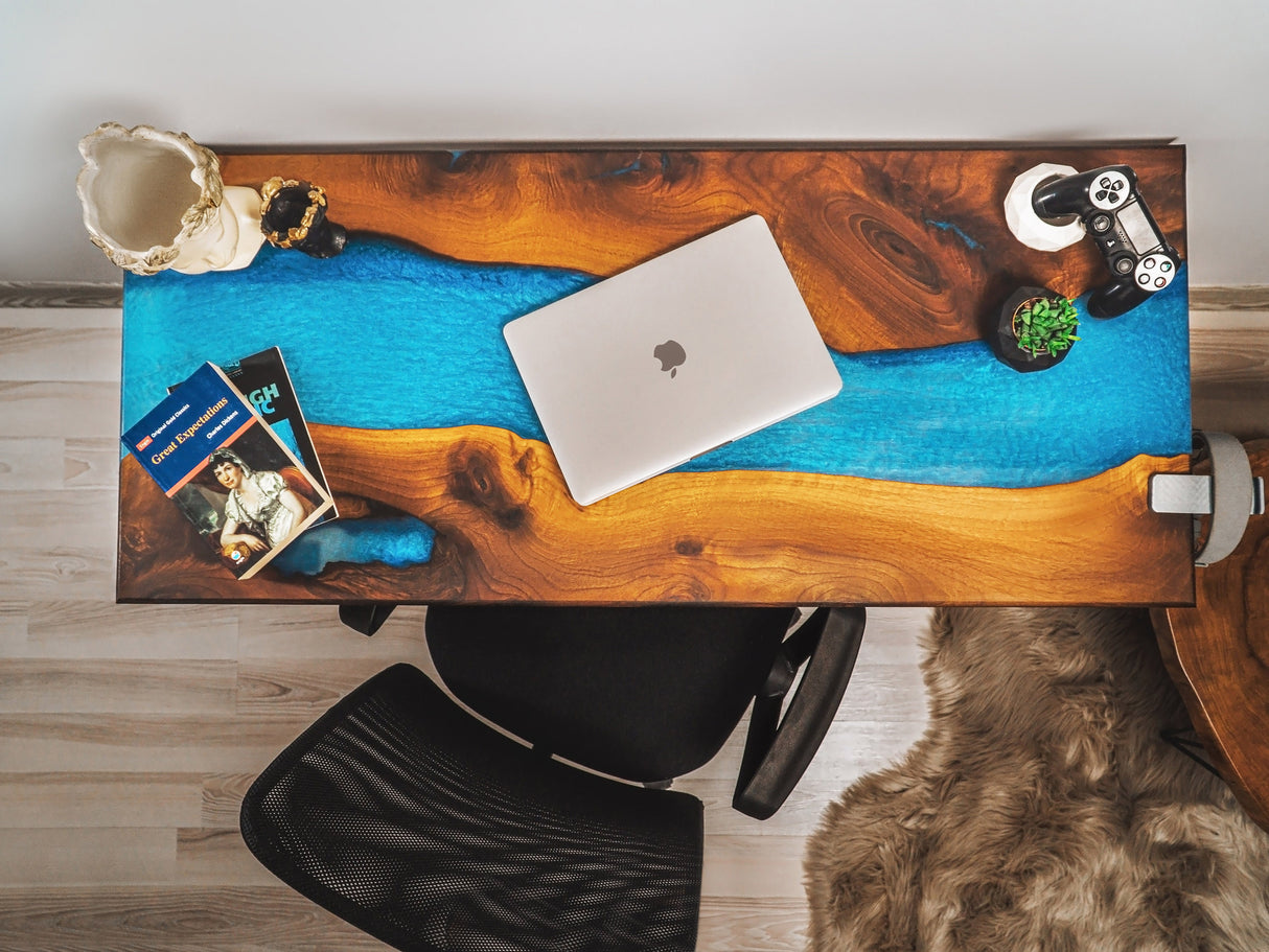 Epoxy Resin Walnut Custom Desk Top, Blue Epoxy Computer Table, Solid Wood Resin Sit Stand Desk, Personalized Studio Desk, Home Office Desk - Arria Home