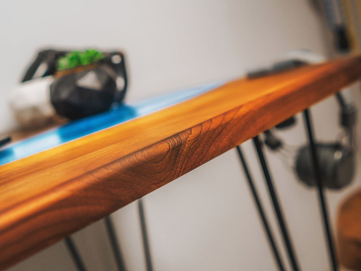 Epoxy Resin Walnut Custom Desk Top, Blue Epoxy Computer Table, Solid Wood Resin Sit Stand Desk, Personalized Studio Desk, Home Office Desk - Arria Home