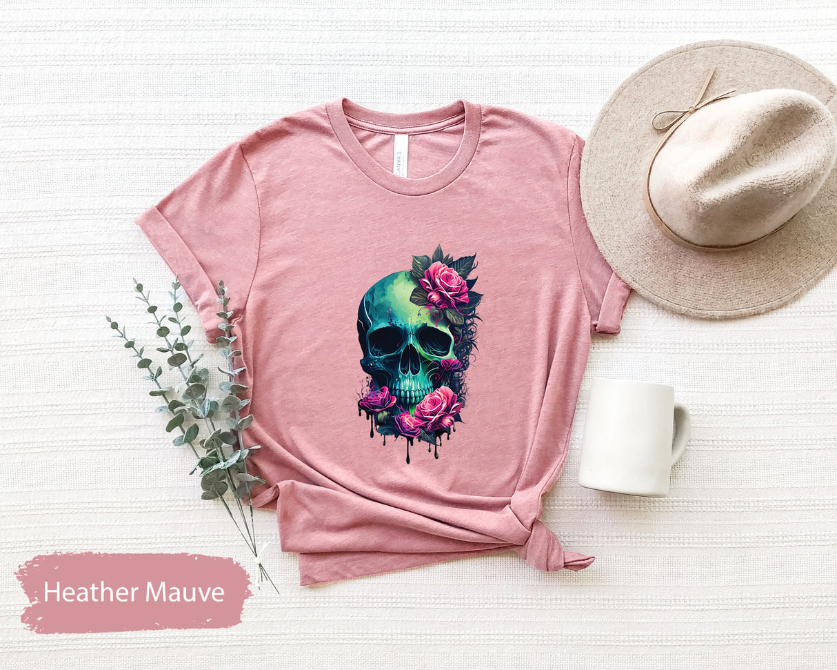 Floral Skull Shirt, Flower Skull Shirt, Skull TShirt, Bloom Skull Shirt, Halloween Shirt, Hallowen Gift, Halloween Skull Shirt