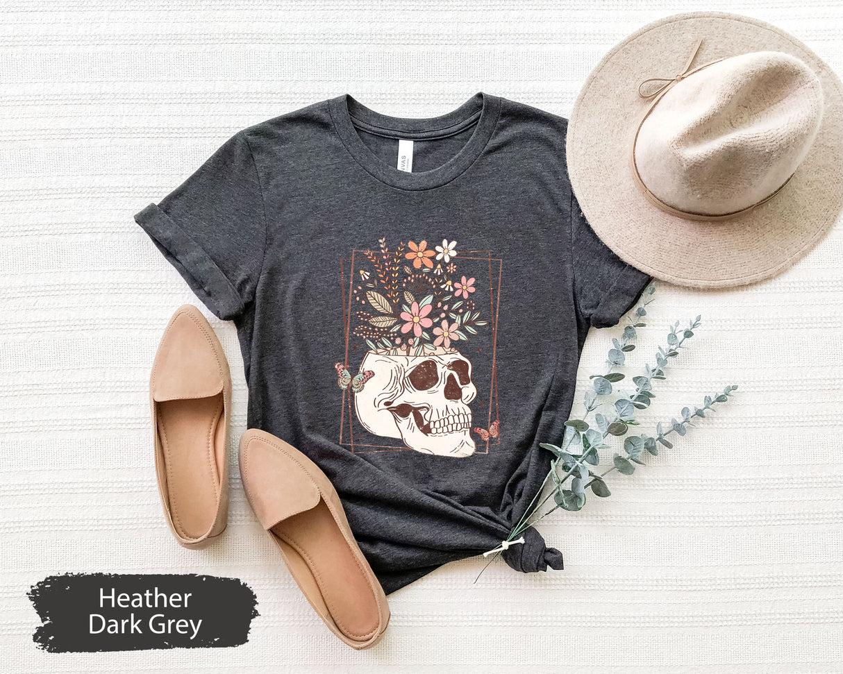 Boho Floral Skull Shirt, Floral Skull Shirt, Boho TShirt, Skeleton Shirt, Womens Graphic Tee, Wildflowers Skull Shirt, Halloween Party Shirt