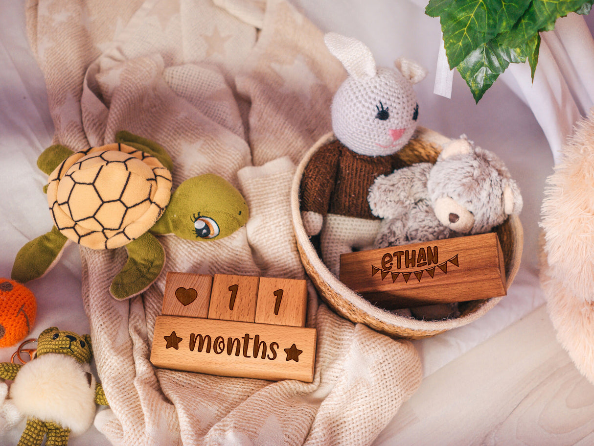 Custom Wooden Monthly Milestone Cubes, Personalized Baby Shower Gift, Name Baby Age Blocks, Newborn Photo Ideas, Week Month Year Blocks - Arria Home