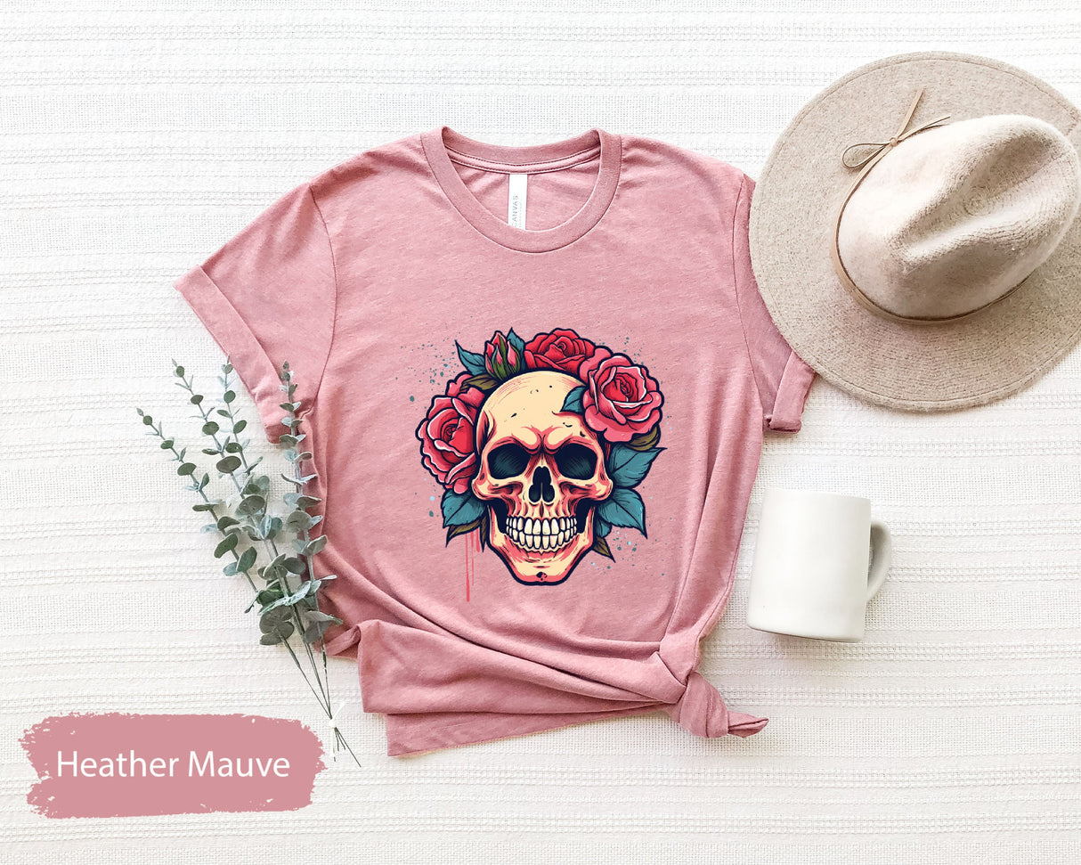 Floral Skull Shirt, Flower Skull Shirt, Gobblincore Boho Graphic Tee, Bloom Skull Shirt, Fall Halloween Shirt, Botanical Skeleton Shirt