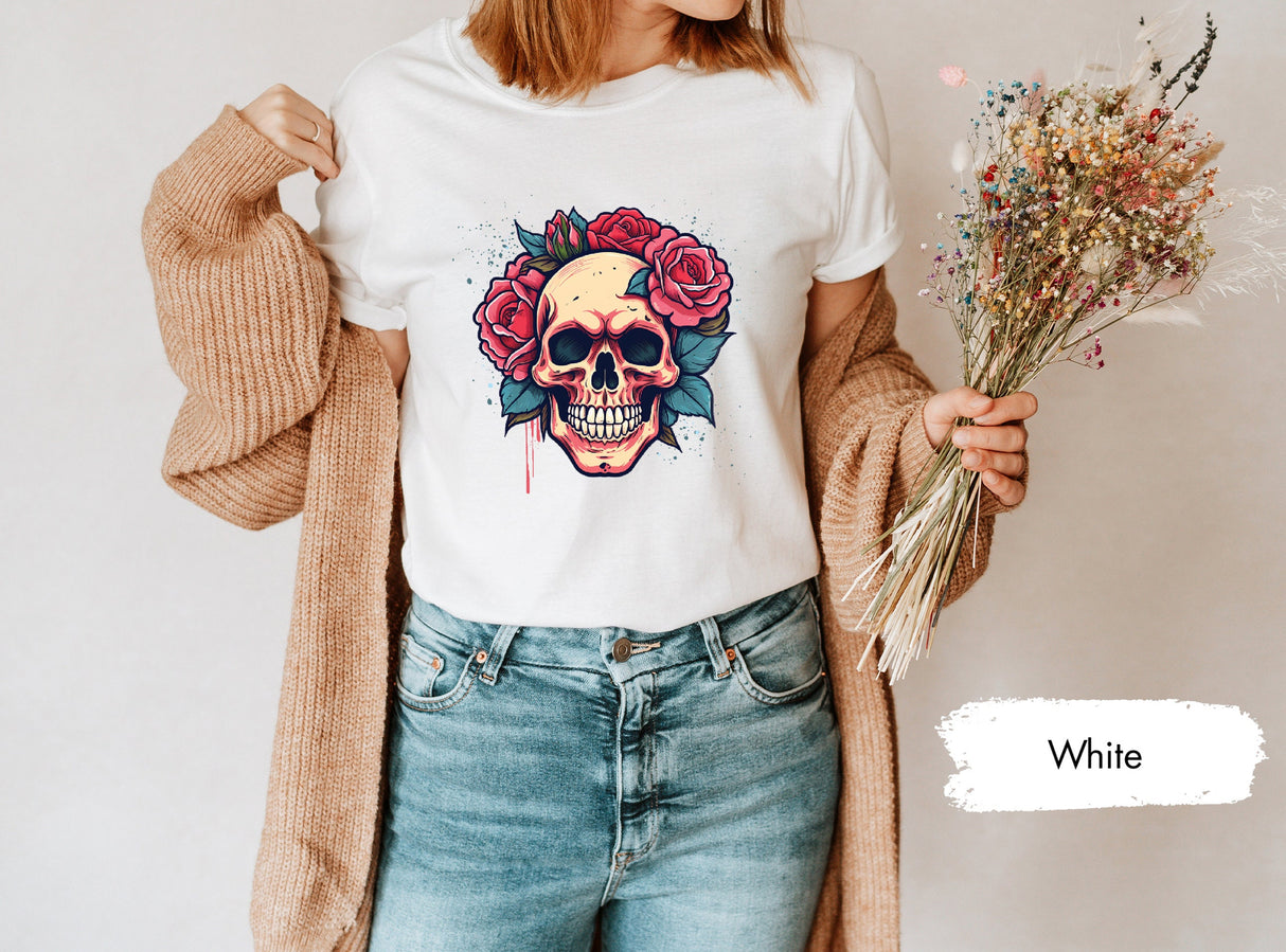 Floral Skull Shirt, Flower Skull Shirt, Gobblincore Boho Graphic Tee, Bloom Skull Shirt, Fall Halloween Shirt, Botanical Skeleton Shirt