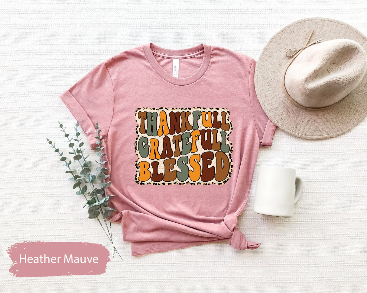 Thankful Grateful Blessed Shirt, Thankfull TShirt, Thanksgiving Shirts, Fall TShirts, Fall Season Shirt, Grateful Mom Shirt, Leopard Fall