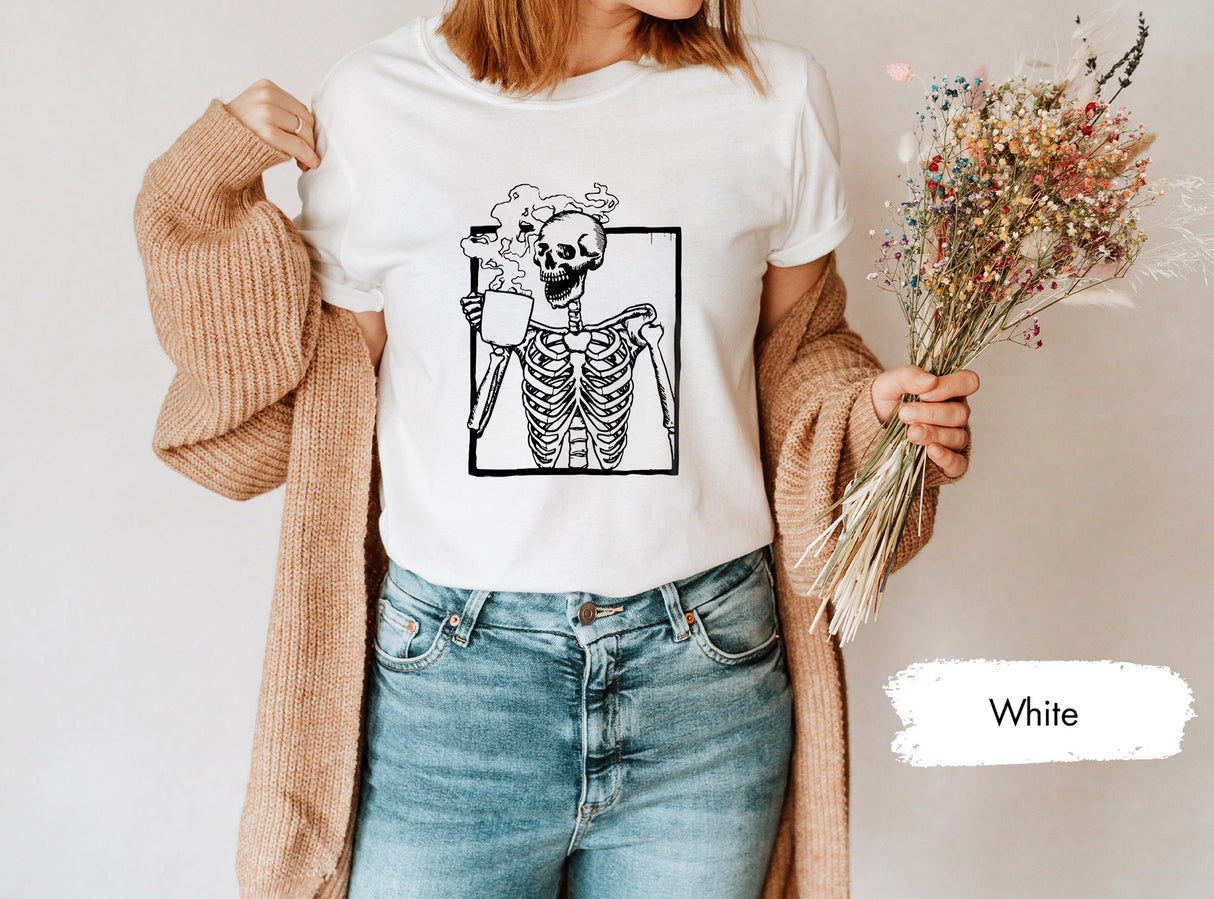 Drinking Coffee Skeleton Shirt, Coffee Lover Skeleton Shirt, Floral Skeleton Shirt, Flower Skeleton, Skeleton Shirt, Boho Skeleton Shirt