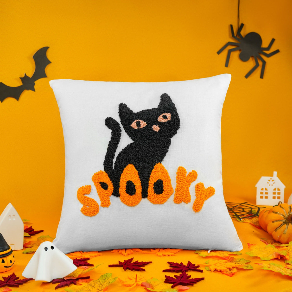 Cute Halloween Punch Needle Embroidered Pillow, Halloween Decorations, Fall Autumn Home Decor, Throw Pillow, Lumbar Pillow, Holiday Decor - Arria Home