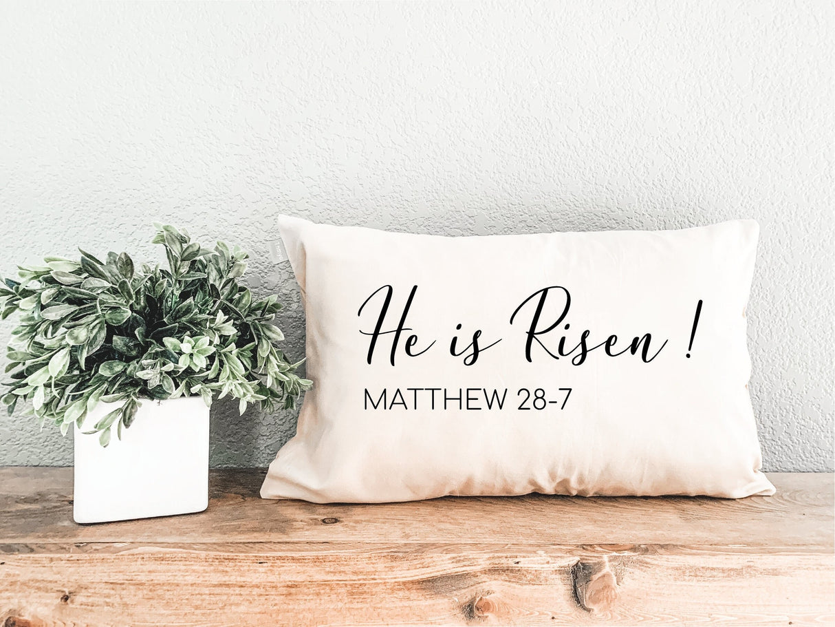 He is Risen Pillow, Easter Decor, Easter Pillow, Scripture Verse Pillow, Matthew 28-7, Decorative Pillow - Arria Home