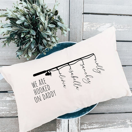 Personalized Hooked on Daddy Pillow, Fathers Day Gift, Fishing Decor, Family Pillow, Farmhouse Decor, Fisher Family Pillow, Fishing Gift - Arria Home