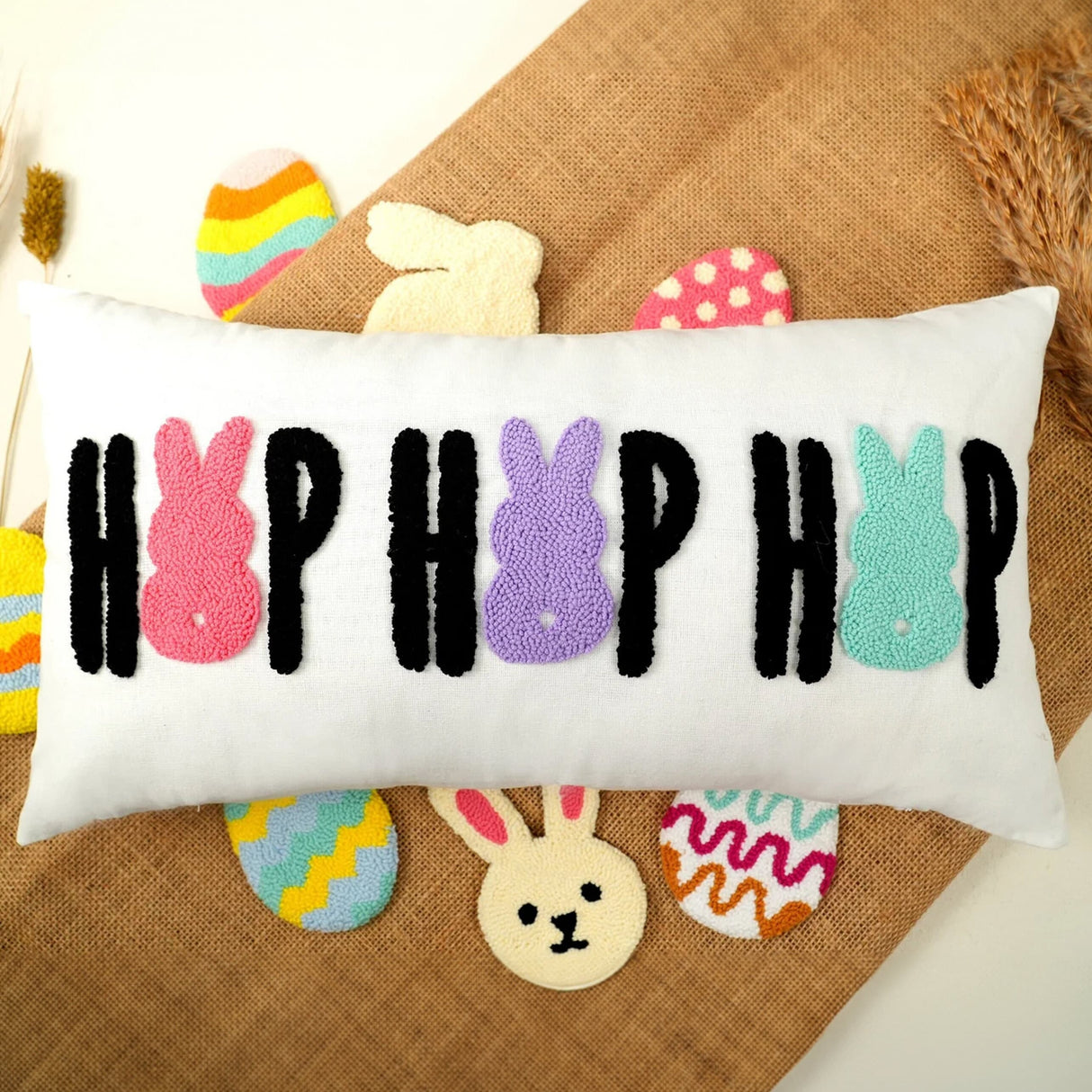 Easter Bunny Embroidery Pillow, Personalize Easter Decorations, Punch Needle Handmade Spring Pillow, Spring Decor Hop Hop Rabbit Pillow Gift - Arria Home