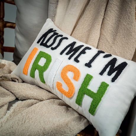 Kiss Me I'm Irish St Patricks Day Punch Needle Pillow, Embroidered Lucky St Patricks Decor, Shamrock Pillow, Drink lover Gift, Bar Decor - Arria Home