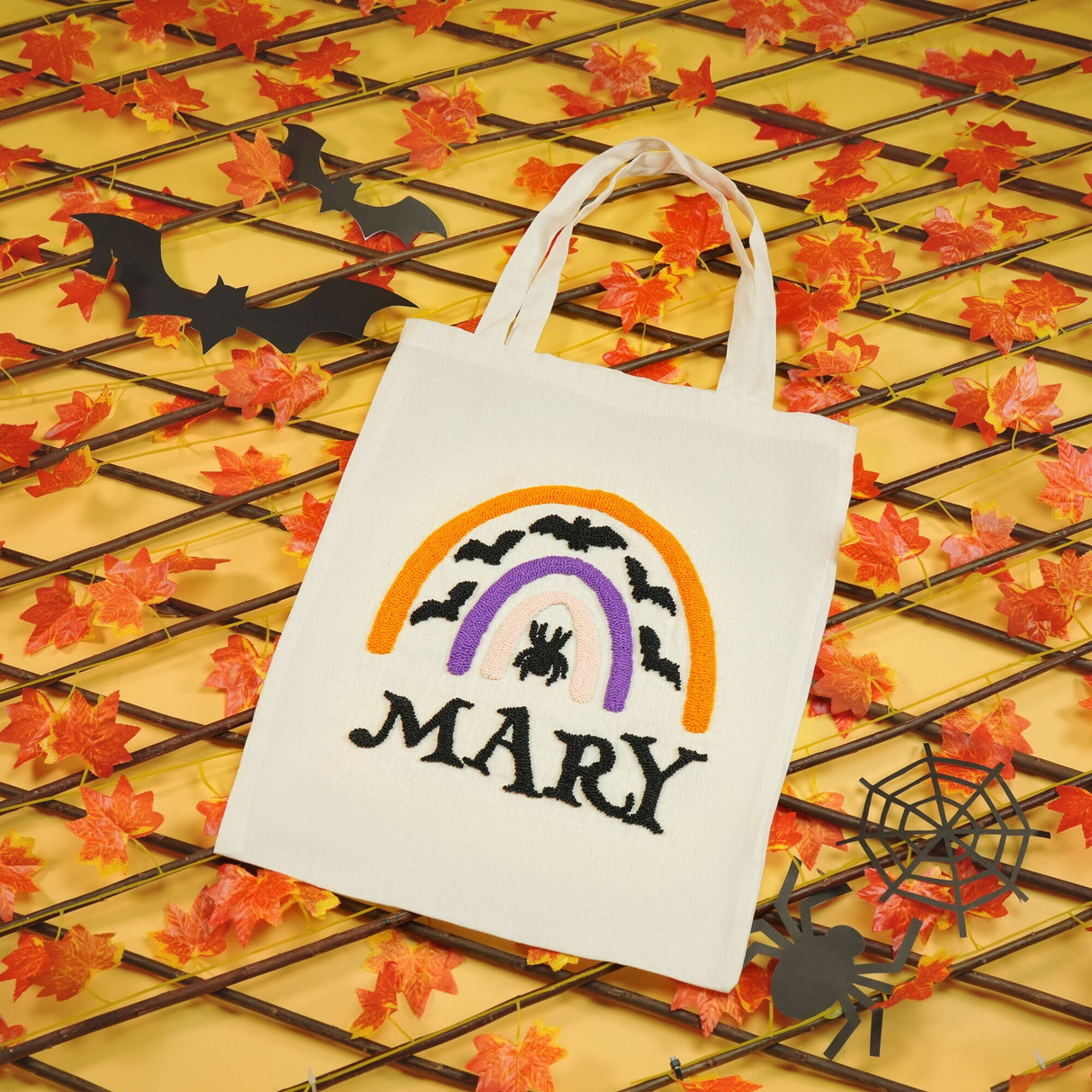 Personalized Kids Halloween Embroidered Punch Needle Bag, Halloween Trick or Treat Bag, Name Halloween Bag, Spooky Season, Gift for Kids - Arria Home