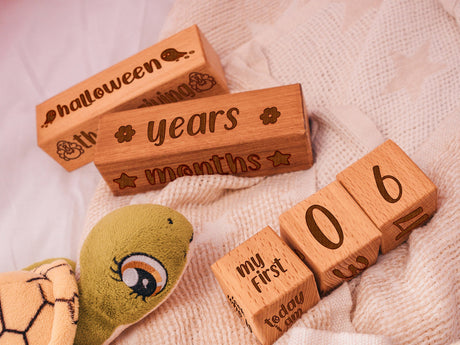 Custom Wooden Monthly Milestone Cubes, Personalized Baby Shower Gift, Name Baby Age Blocks, Newborn Photo Ideas, Week Month Year Blocks - Arria Home