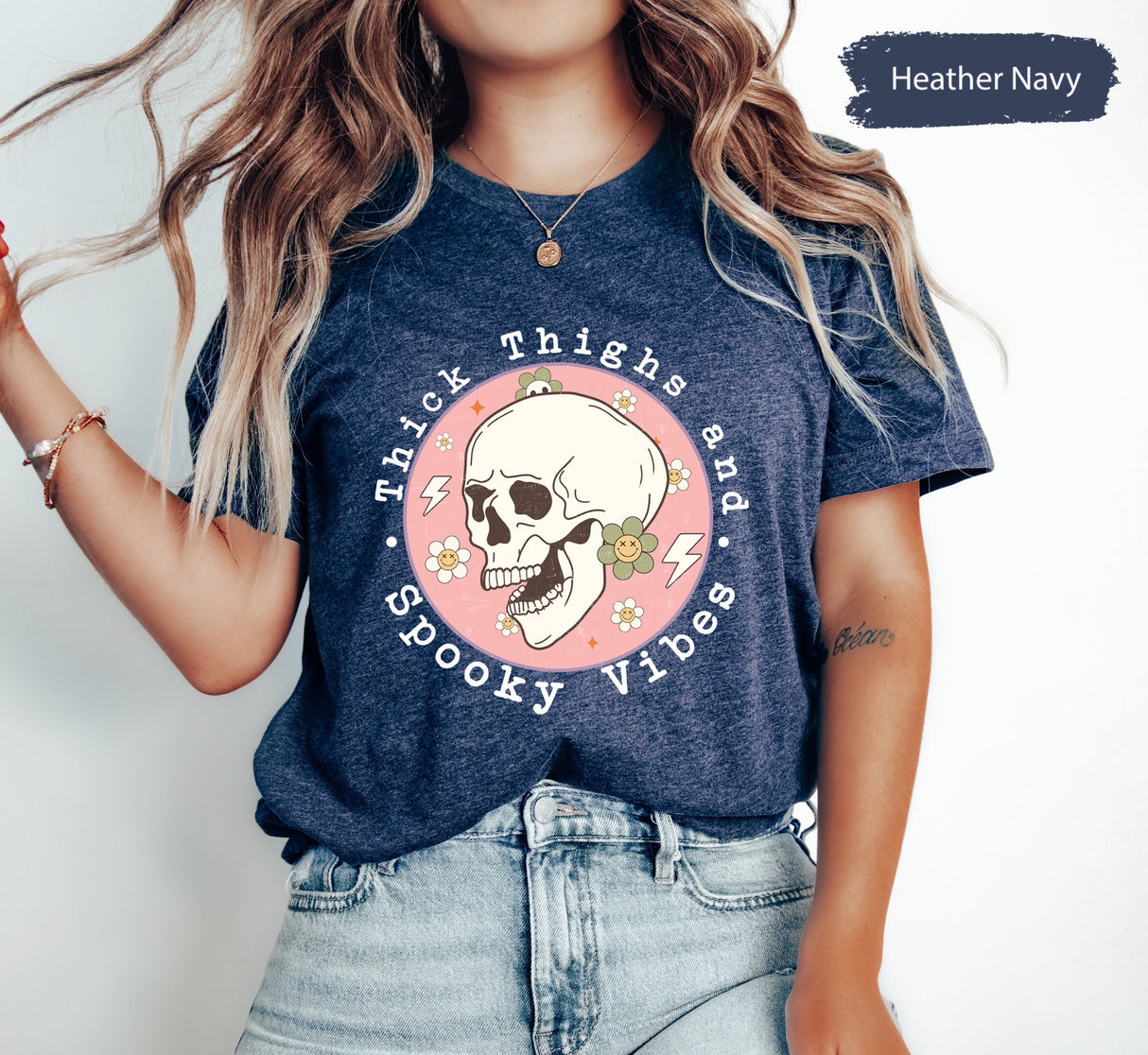 Thick Thighs And Spooky Vibes Shirt, Spooky Season TShirt, Spooky Shirt, Halloween Skull Shirt, Funny Halloween Tee, Cute Halloween Shirt