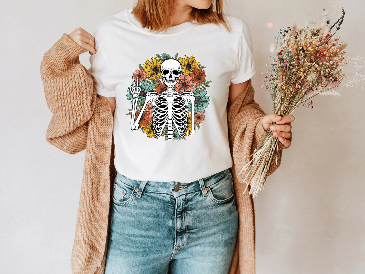 Skeleton Shirt, Boho Floral Skeleton Shirt, Goblincore Graphic Tee, Floral Skeleton Shirt, Skeleton Gift, Cute Halloween Shirt, Skeleton Tee