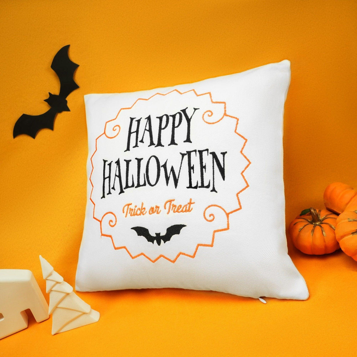 Embroidered Happy Halloween Pillow, Outdoor Fall Decorations, Trick or Treat Bat Decor, Halloween Porch Patio Pillow, Grandma Halloween Gift - Arria Home