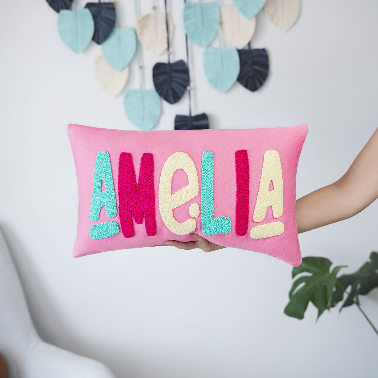 Baby Girl Personalized Name Punch Needle Pillow, Girl Nursery Decor, Baby Shower Gift Idea, Kids Bedroom Decor, Custom Pillow, Embroidery - Arria Home