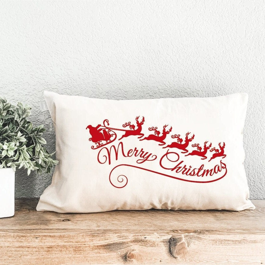 Merry Christmas Santa Sleigh Pillow, Christmas Decor, Christmas Gift, Xmas Lumbar Pillow, Noel Throw Pillow, Christmas Pillow Cover, Cushion - Arria Home