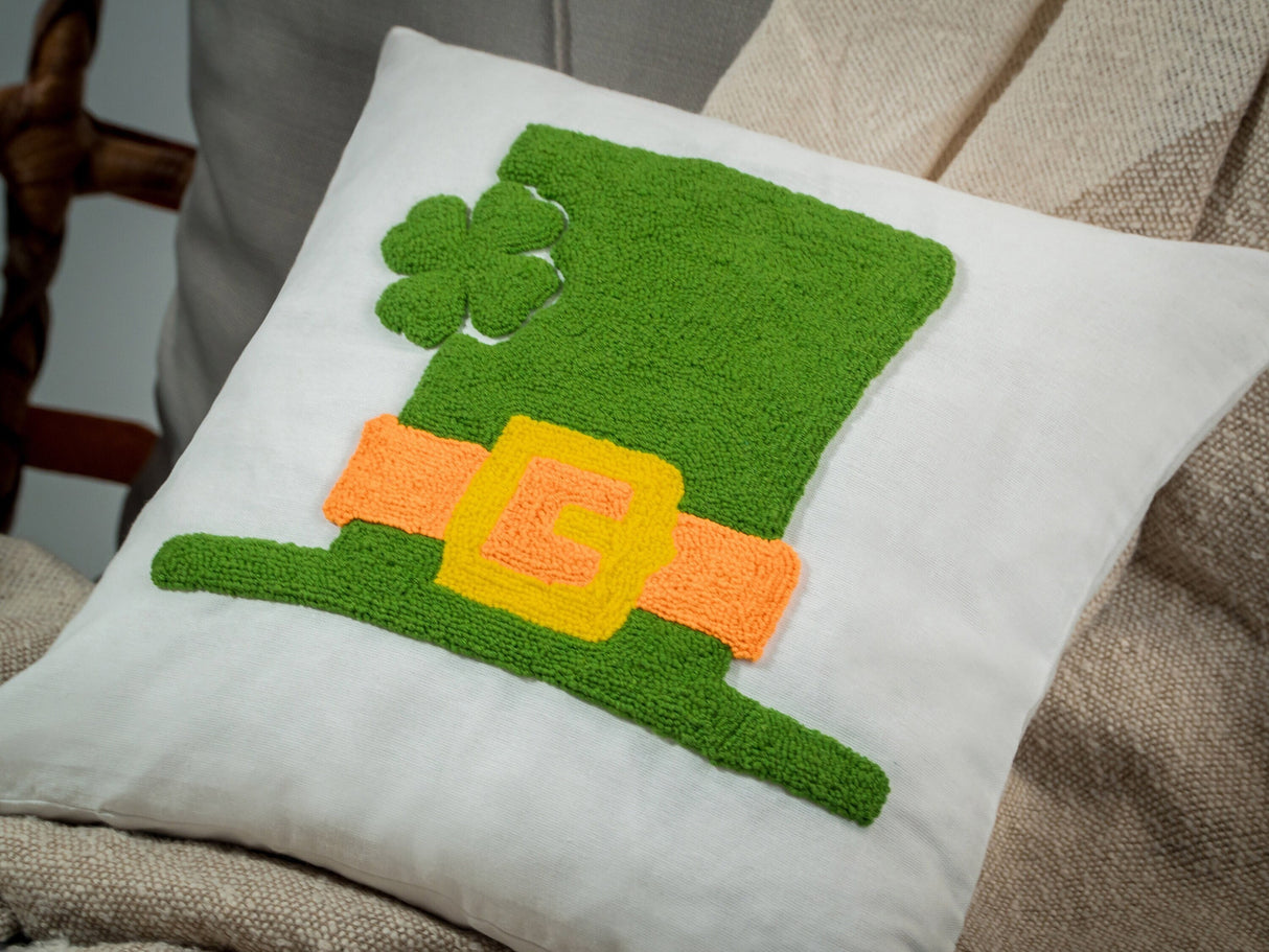 Leprechaun Hat Embroidered Pillow, St Patricks Day Decor, Irish Hat Pillow, Four Leaf Clover Pillow, Shamrock Pillow, Green Gnome Pillow - Arria Home