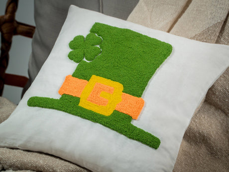 Leprechaun Hat Embroidered Pillow, St Patricks Day Decor, Irish Hat Pillow, Four Leaf Clover Pillow, Shamrock Pillow, Green Gnome Pillow - Arria Home