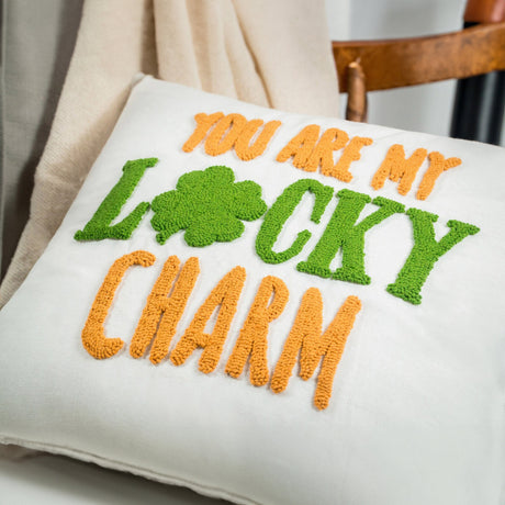 Lucky Charm Irish St Patricks Day Punch Needle Embroidered Pillow, Irish Gift, Gift for Her, Shamrock, Green Gnome, Leprechaun Hat, Gift - Arria Home