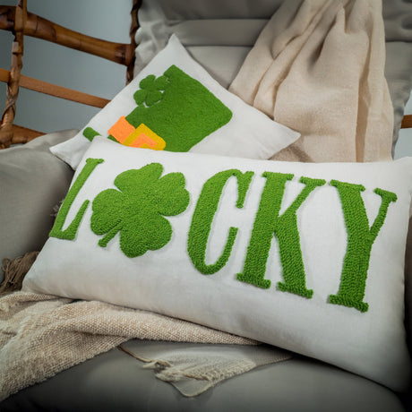 Lucky Shamrock St Patricks Day Embroidered Pillow, Irish Decor, Green Gnome, Leprechaun Hat, Spring Decor, Irish Gift, Four Leaf Clover Gift - Arria Home