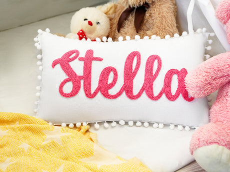 Personalize Name Embroidered Pillow, Custom Pom Pom Trip Punch Needle Nursery Decor, Dorm Room Decor, Kid Bedroom Decor, Christmas Gift Idea - Arria Home