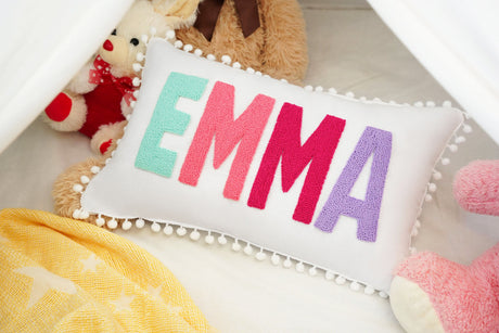 Personalized Name Punch Needle Pillow, Baby Shower Gift, Toddler Birthday Gift, Nursery Decor,Custom Baby Gift, Christmas Gift, Pom Pom Trip - Arria Home