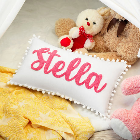 Personalized Name Punch Needle Pillow, Baby Shower Gift, Toddler Birthday Gift, Nursery Decor,Custom Baby Gift, Christmas Gift, Pom Pom Trip - Arria Home