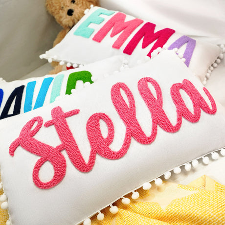 Personalized Baby Name Punch Needle Pillow, Custom Baby Boy Nursery Pillow, Baby Shower Newborn Gift, Toddler Birthday Gift, Pom Pom Trip - Arria Home