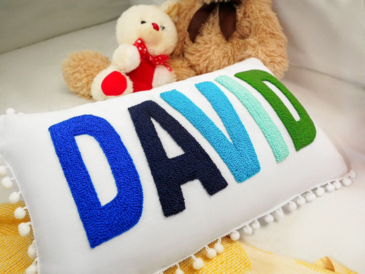 Personalize Name Punch Needle Tufty Pillow Gift for Newborn Baby Boy, Custom Name Pillow, Baby Nursery Decor, Kid Bedroom Decor, Baby Shower - Arria Home