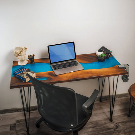 Resin Epoxy Walnut Side Desk, Solid Wood Desk Top, Epoxy Vanity Table, Walnut Standing Desk Top, Live Edge Sit Stand Desk, Epoxy Table Top - Arria Home