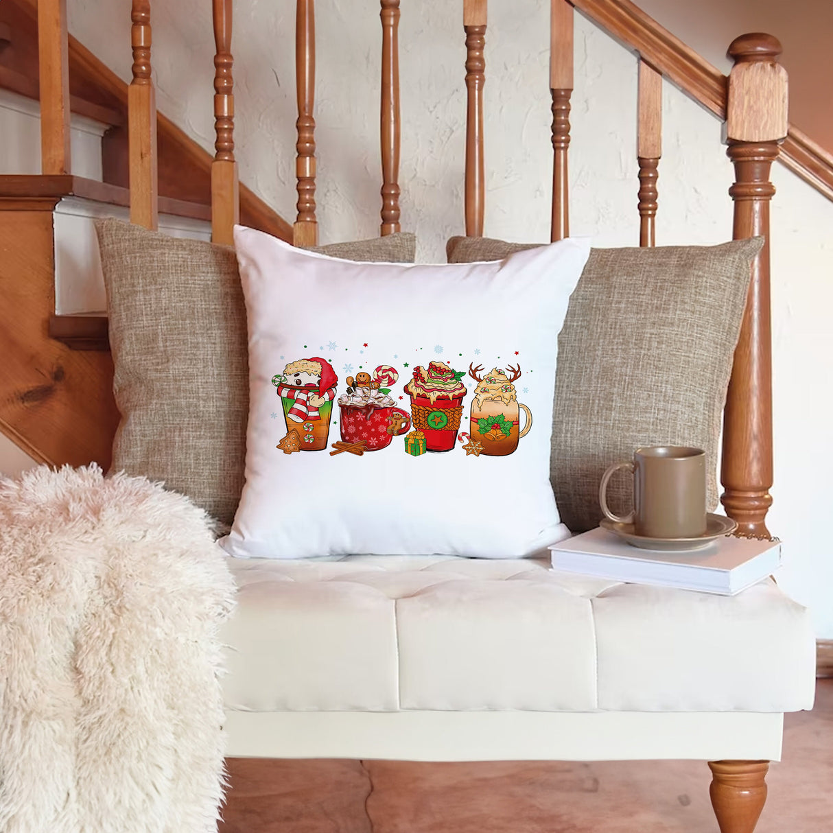 Pink Christmas Coffee Cups Throw Pillow, Custom Christmas Decor, Xmas Lumbar Pillow, Home Decor, New Year Party Gift, Personalized Gift Idea - Arria Home