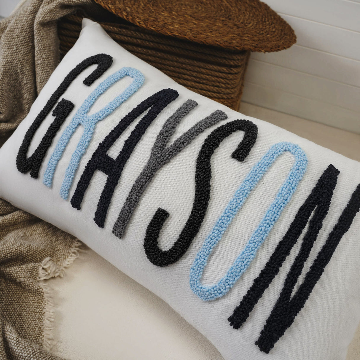 Personalized Baby Name Punch Needle Pillow Cover, Custom Baby Gift Nursery Pillow, Baby Room Decor, Kids Bedroom, Baby Shower Newborn Gift - Arria Home