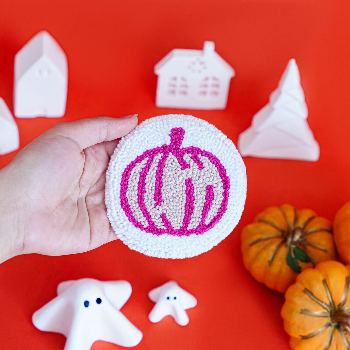 Pink Halloween Punch Needle Pumpkin Coasters Set, Halloween Decor Gift, Spooky Season, Ghost, Bat, Candy Coasters, Halloween Party Mug Rug - Arria Home