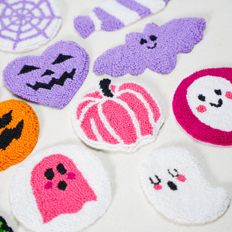 Halloween Car Coasters Set, Pumpkin Punch Needle Coaster, Handmade Spooky Season Halloween Gift, Cute Ghost, Bat, Candy Set of Coaster Decor - Arria Home