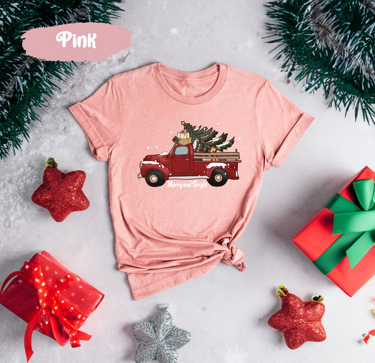 Merry and Bright Christmas Trees Truck Shirt, Merry and Bright Shirt, Christmas T-shirt, Christmas Family, Red Truck Shirt, Christmas Gift