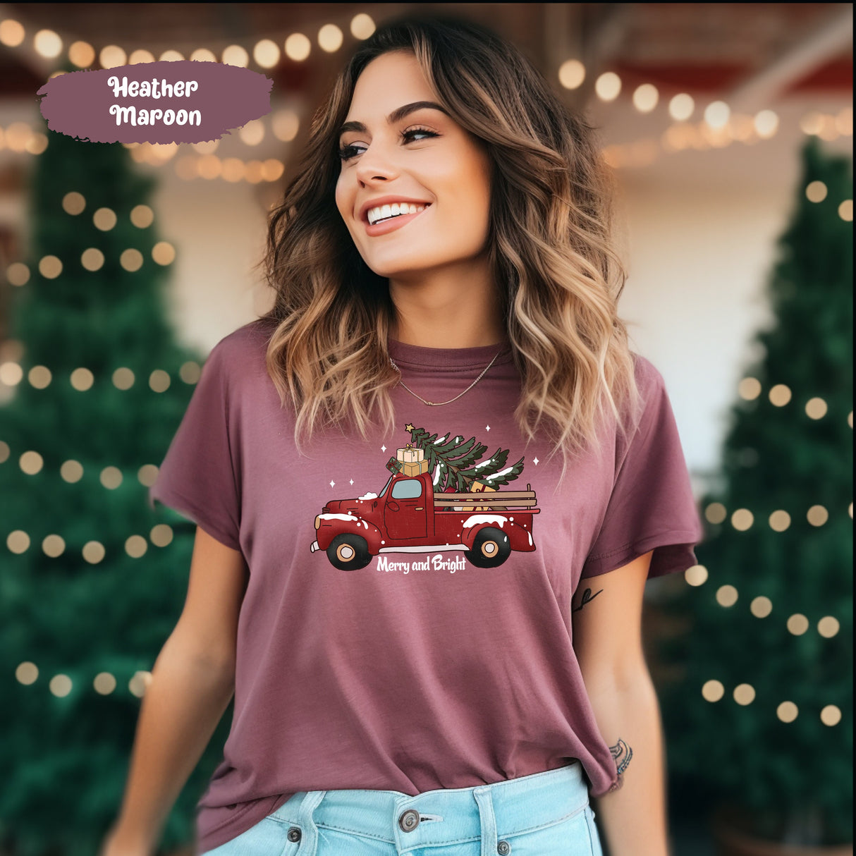 Merry and Bright Christmas Trees Truck Shirt, Merry and Bright Shirt, Christmas T-shirt, Christmas Family, Red Truck Shirt, Christmas Gift