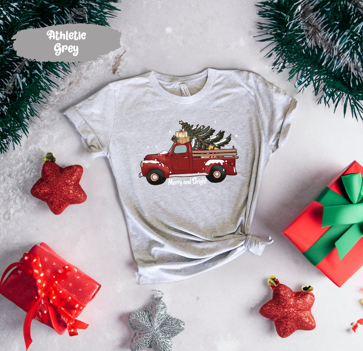 Merry and Bright Christmas Trees Truck Shirt, Merry and Bright Shirt, Christmas T-shirt, Christmas Family, Red Truck Shirt, Christmas Gift