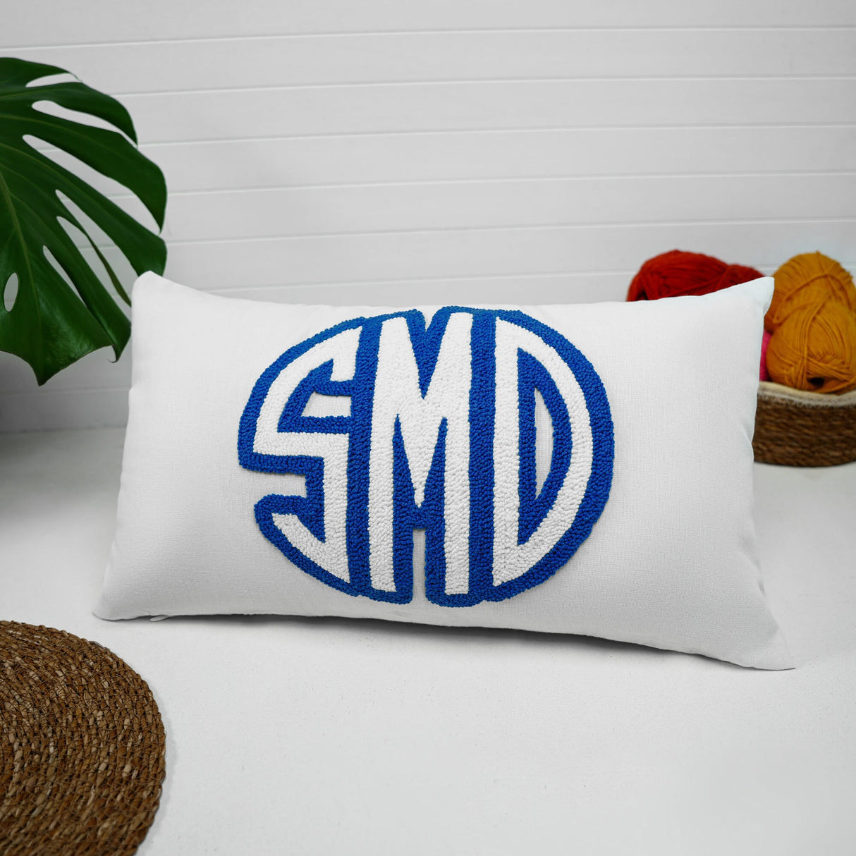 Custom Monogram Embroidered Pillow, Personalized Collage University Monogram Letter Lumbar Pillow, Punch Needle Throw Pillow, Initial Pillow.