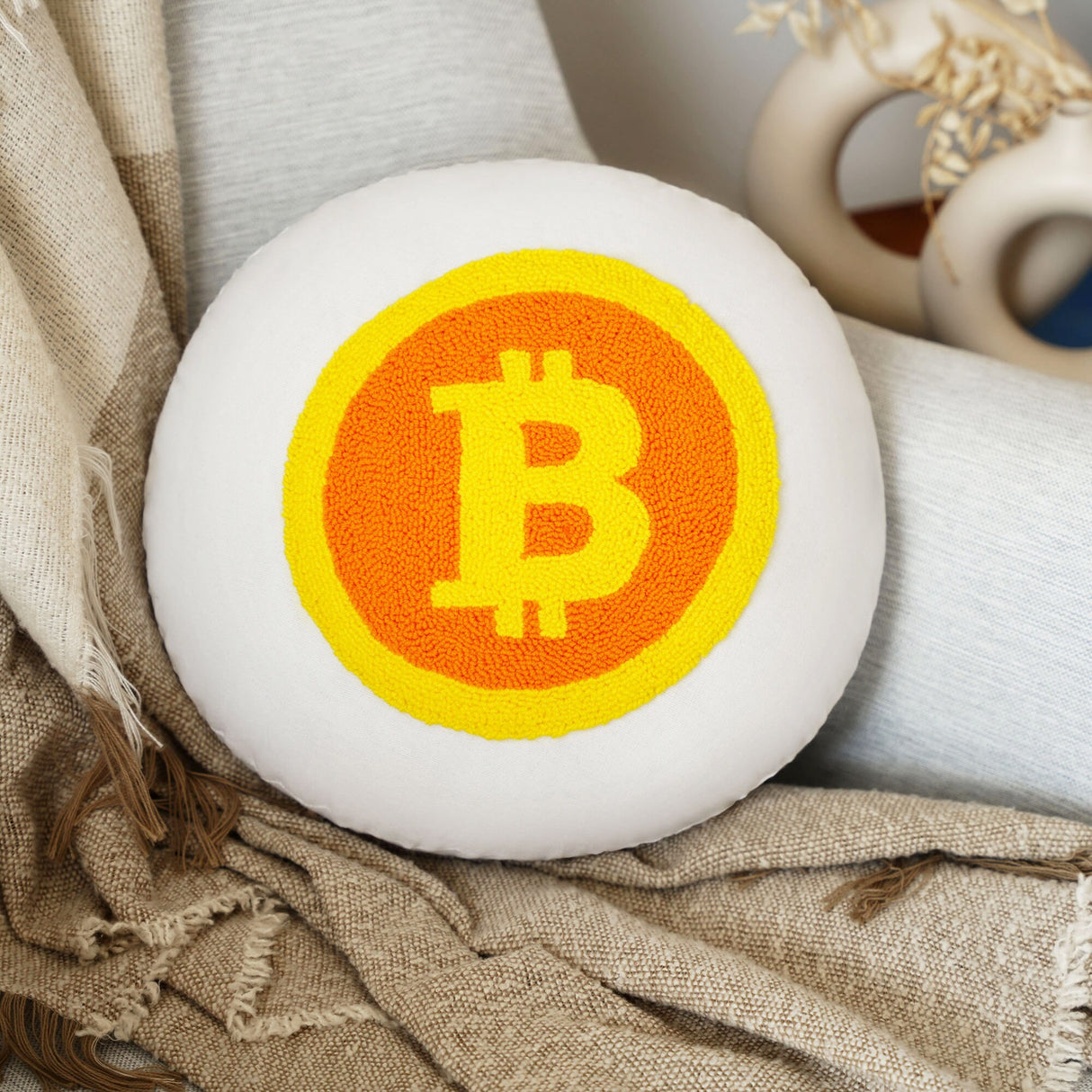 Bitcoin Cryptocurrency Embroidered Round Pillow, BTC Cushion, Round Tufted Pillow, Ethereum, XRP Logo Pillow, Trading Setup Decor Cushion - Arria Home