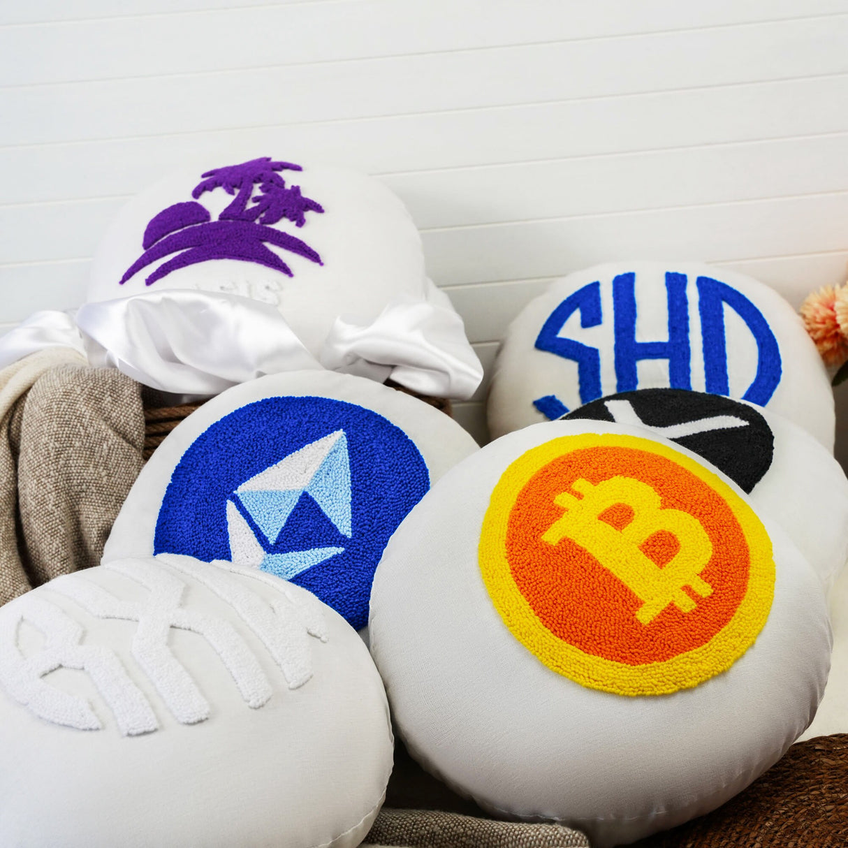 Bitcoin Cryptocurrency Embroidered Round Pillow, BTC Cushion, Round Tufted Pillow, Ethereum, XRP Logo Pillow, Trading Setup Decor Cushion - Arria Home