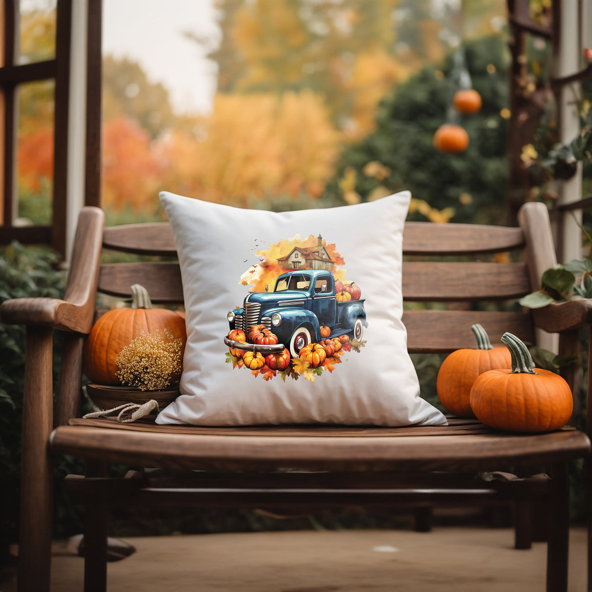 Fall Watercolor Pumpkin Truck Lumbar Pillow, Autumn Decor, Farmhouse Throw Pillow, Fall Scarecrow, Thanksgiving Holiday Home Decor - Arria Home