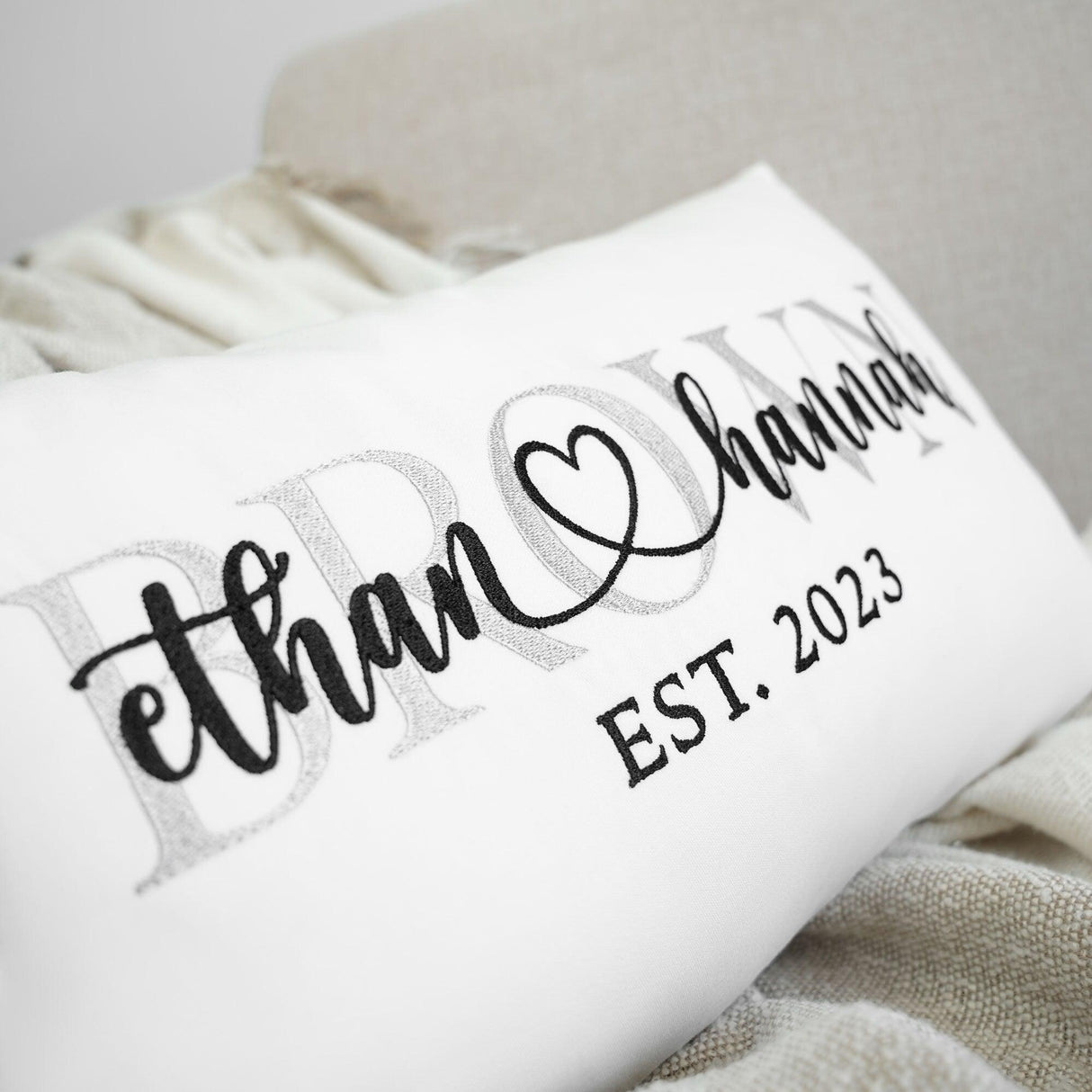 Engagement Gift for Couple Embroidered Pillow, Monogram Wedding Gift for Bride, Personalize Wedding, Anniversary Gift, Custom Gift Couple - Arria Home