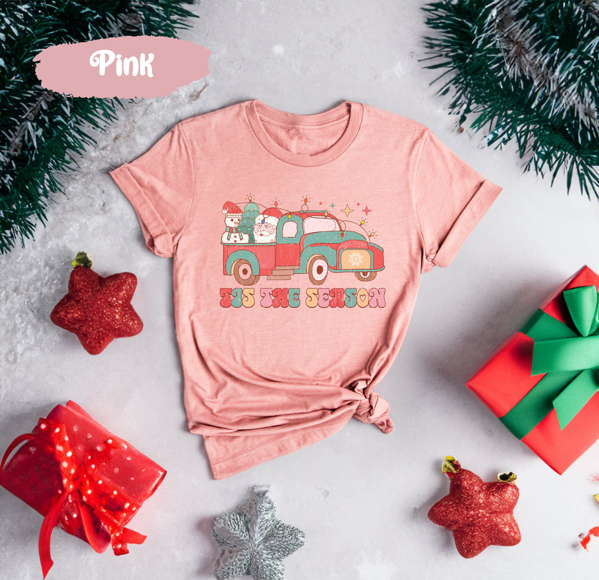 Vintage Christmas Red Truck Shirt, Tis the Season Shirt, Christmas Lights Shirt, Santa Claus Shirt, Snowman Shirt, Christmas Tree Shirt