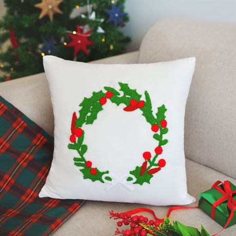 Christmas Wearth Punch Needle Pillow Cover, Christmas Decor, Farmhouse Throw Pillow, Holiday Home Decor Merry Christmas Gift Idea, Pillow - Arria Home